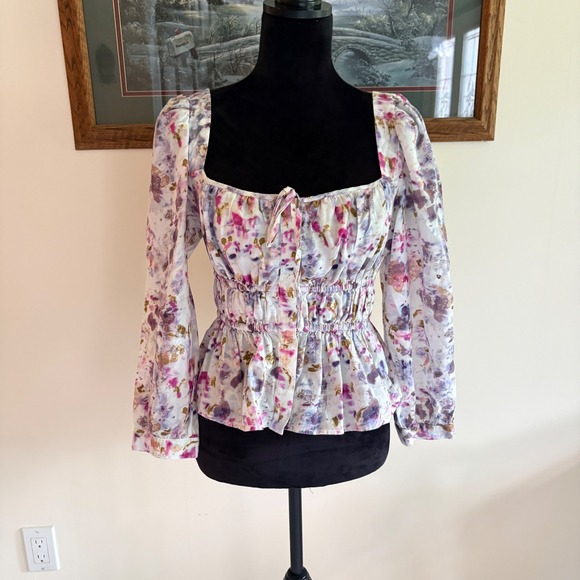J.Crew Tops - J.Crew Floral Smocked Peplum Blouse Womens Size 6 Square Neck Long Sleeve Top